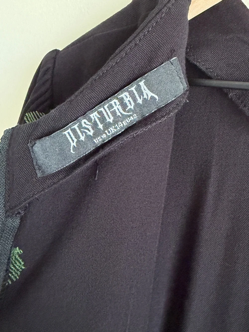 Disturbia Osmunda Fern Embroidered Mini Skater Dress US 10 Black Green Goth - Picture 7 of 15
